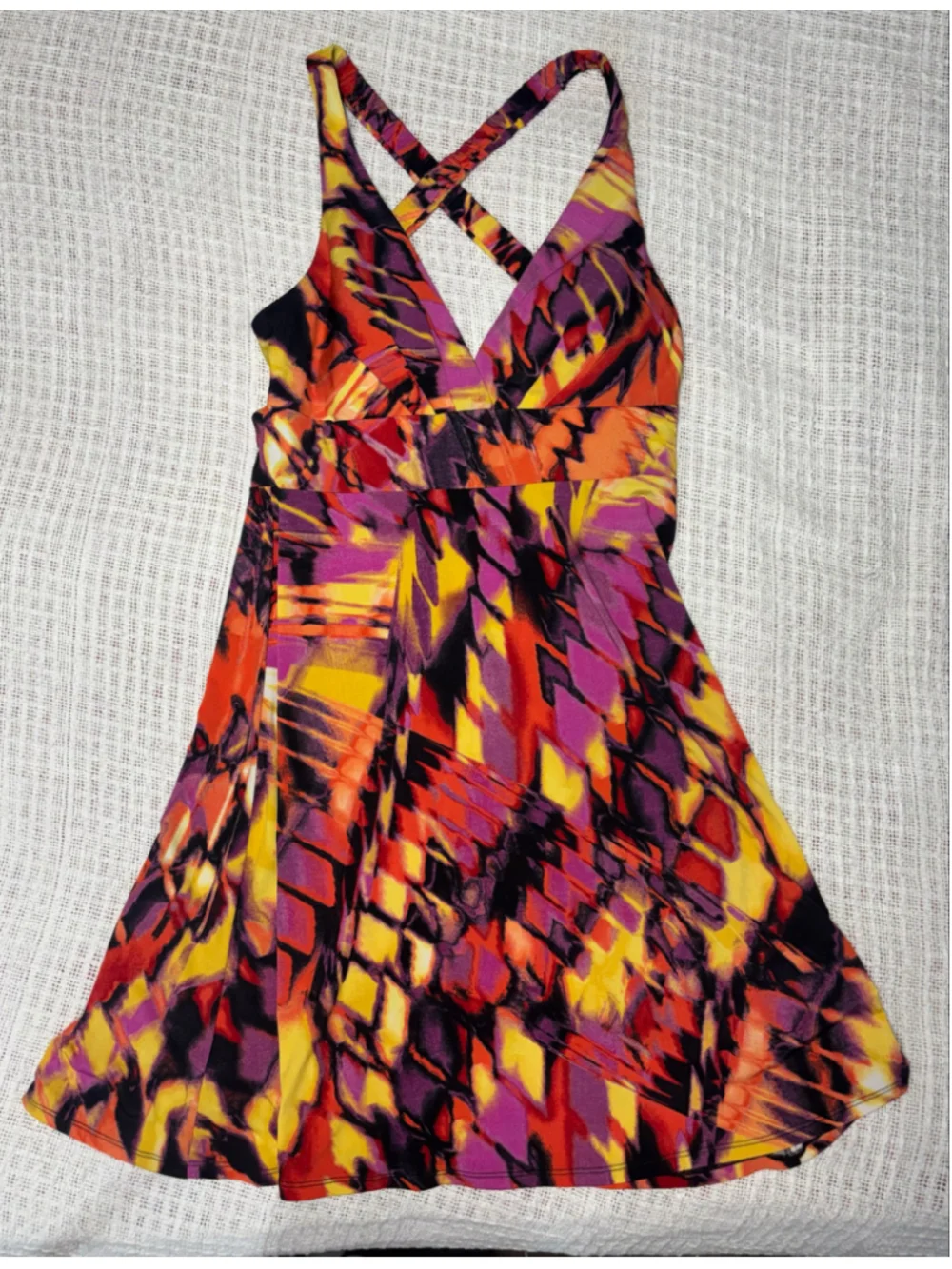 Bisou Bisou Tropical Boho Beachy Halter Mini Dress Orange Purple Size 12 EUC
